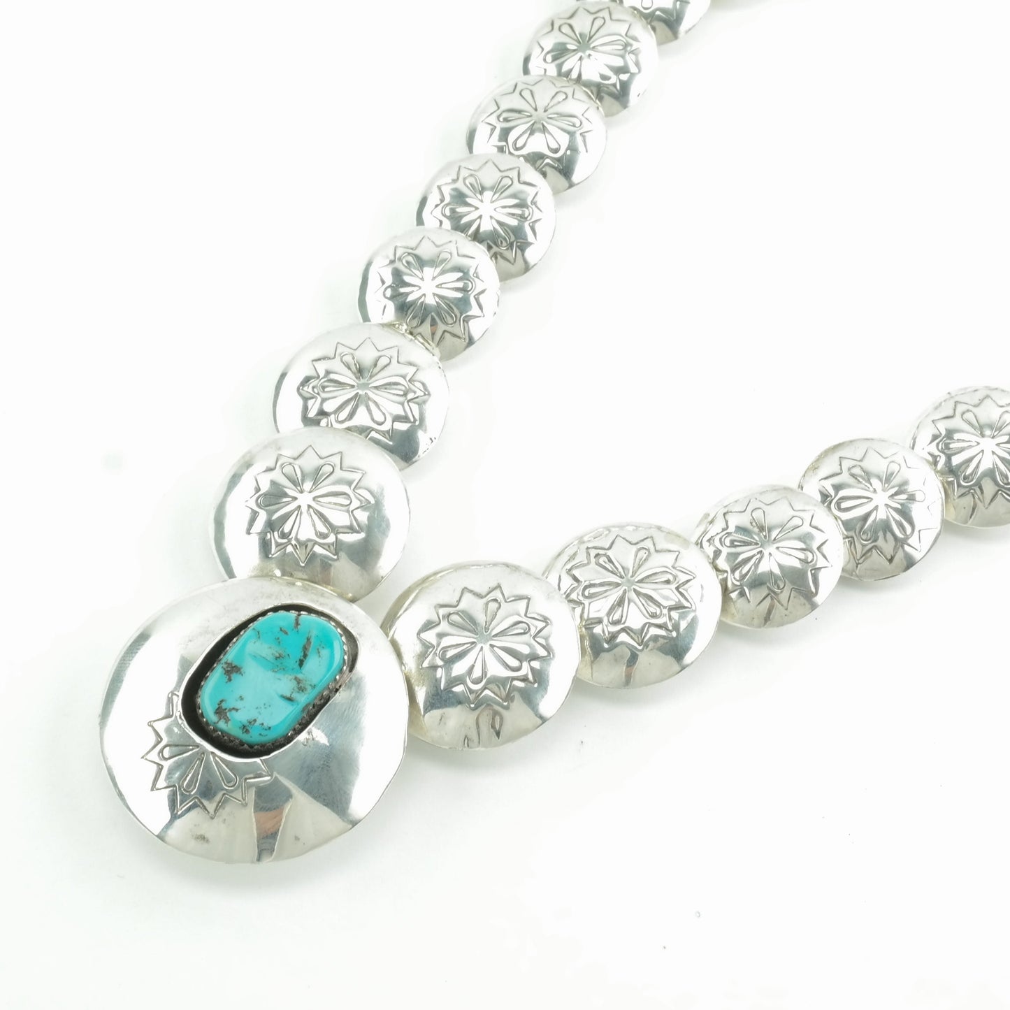 Vintage Native American Sterling Silver Turquoise Disc Bead, Reversible, Stamped Necklace