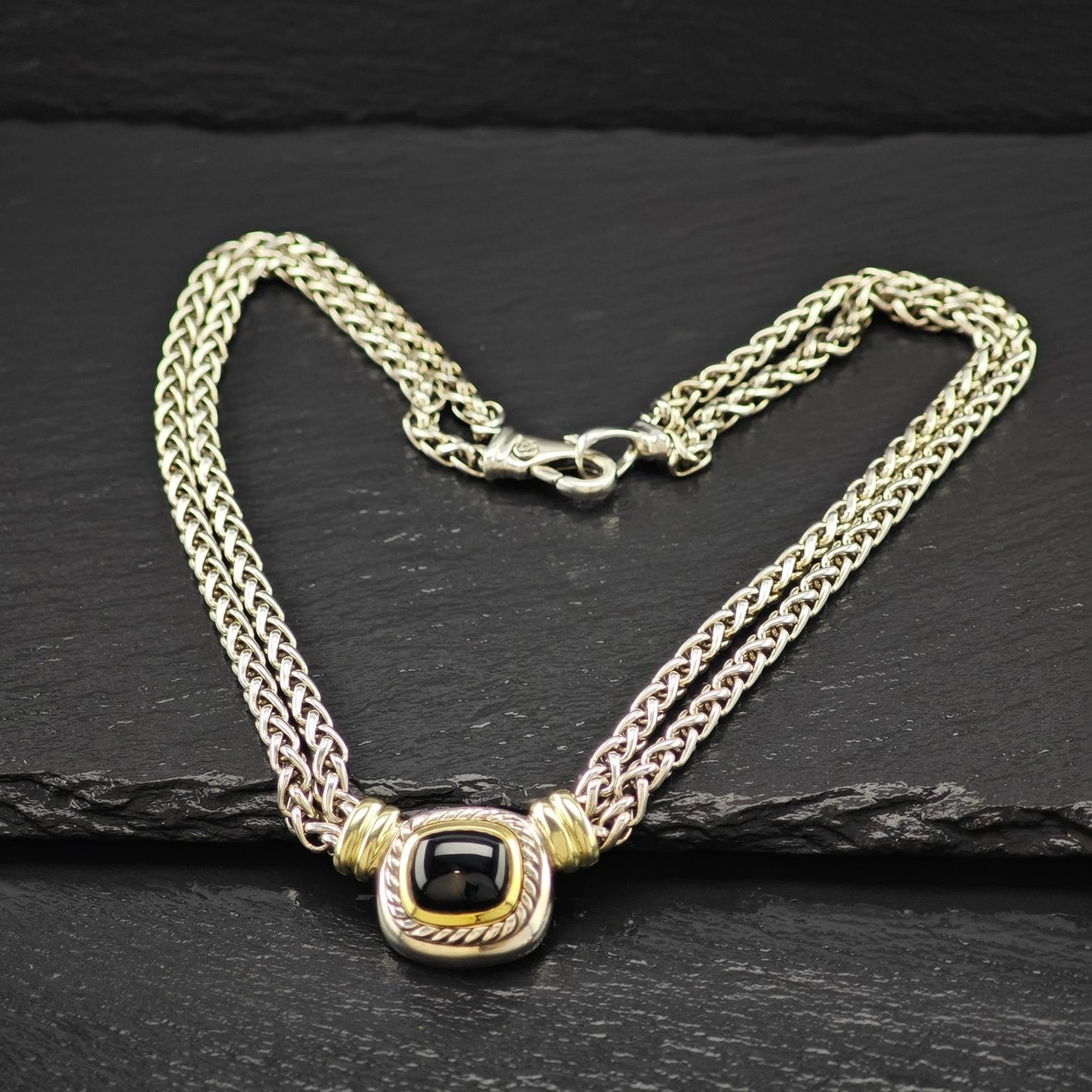 Vintage, David Yurman Sterling Silver Black, Gold Onyx 14K Gold Accent Necklace N2656