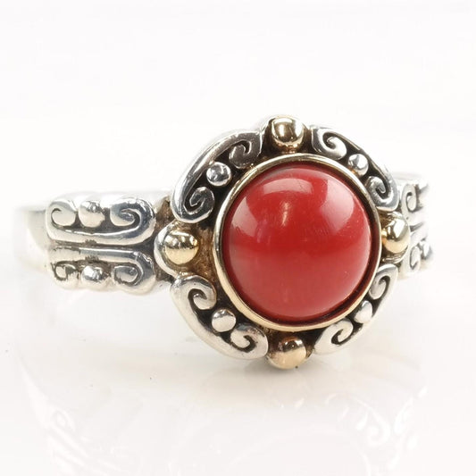 Vintage Silver Ring Faux Coral 14k Gold Beads Size 7 1/4