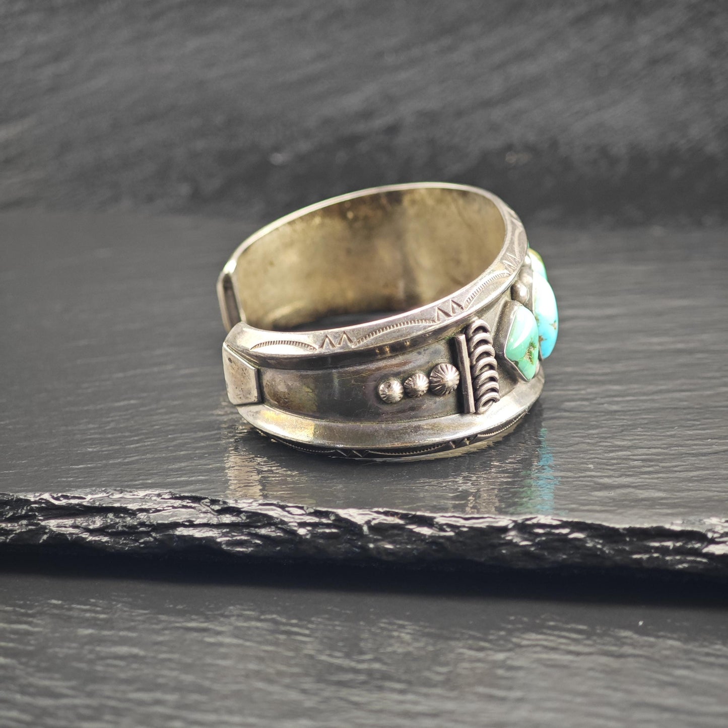 AS IS Native American Turquoise Heavy Patina Sterling Silver Cuff Sz 6 1/4" BR3118