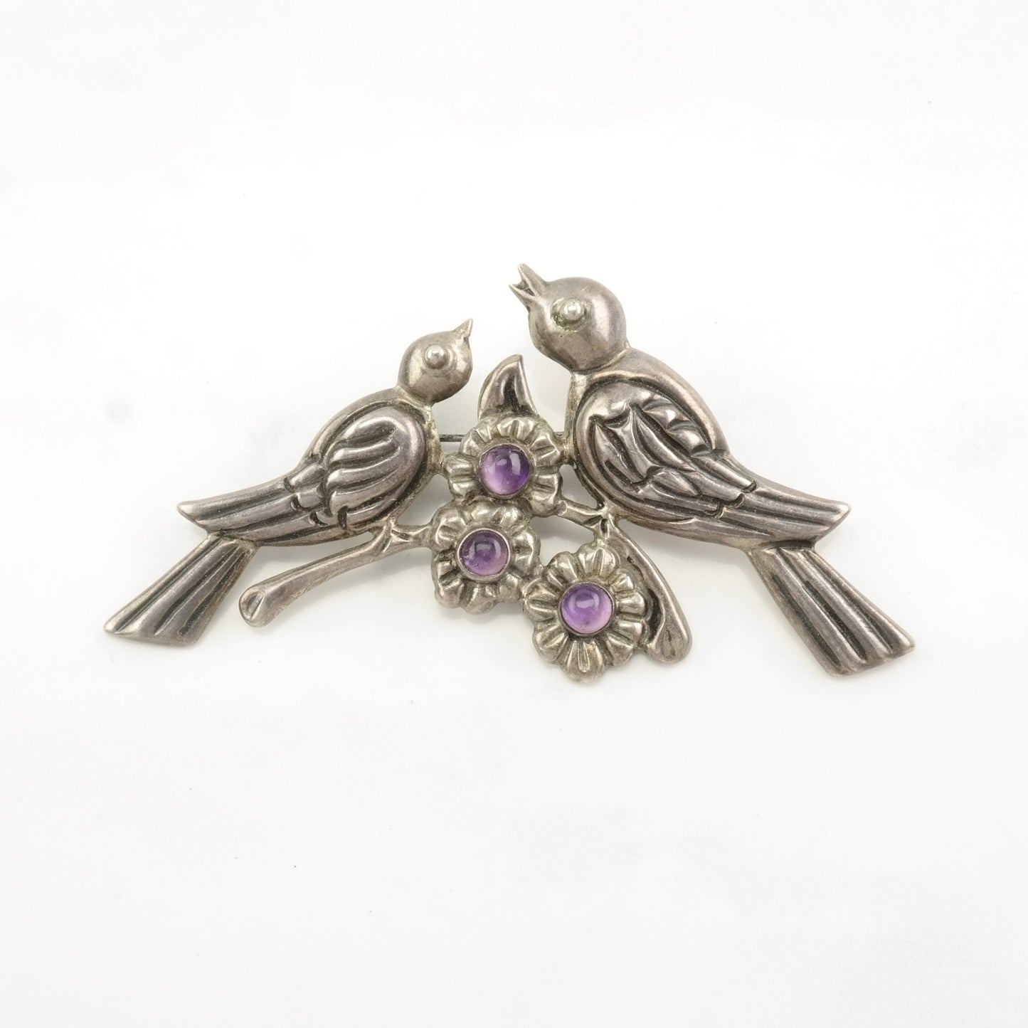 Vintage Taxco Sterling Silver Brooch Bird, Floral Purple Amethyst