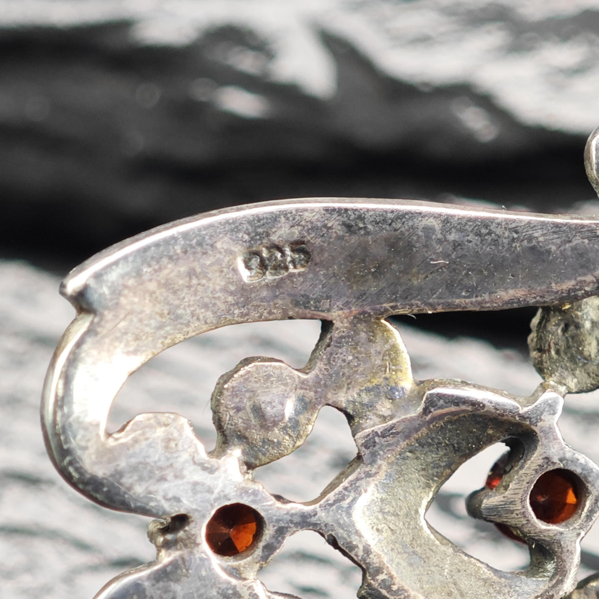 Art Deco Onyx, Garnet Sterling Silver Brooch B2270