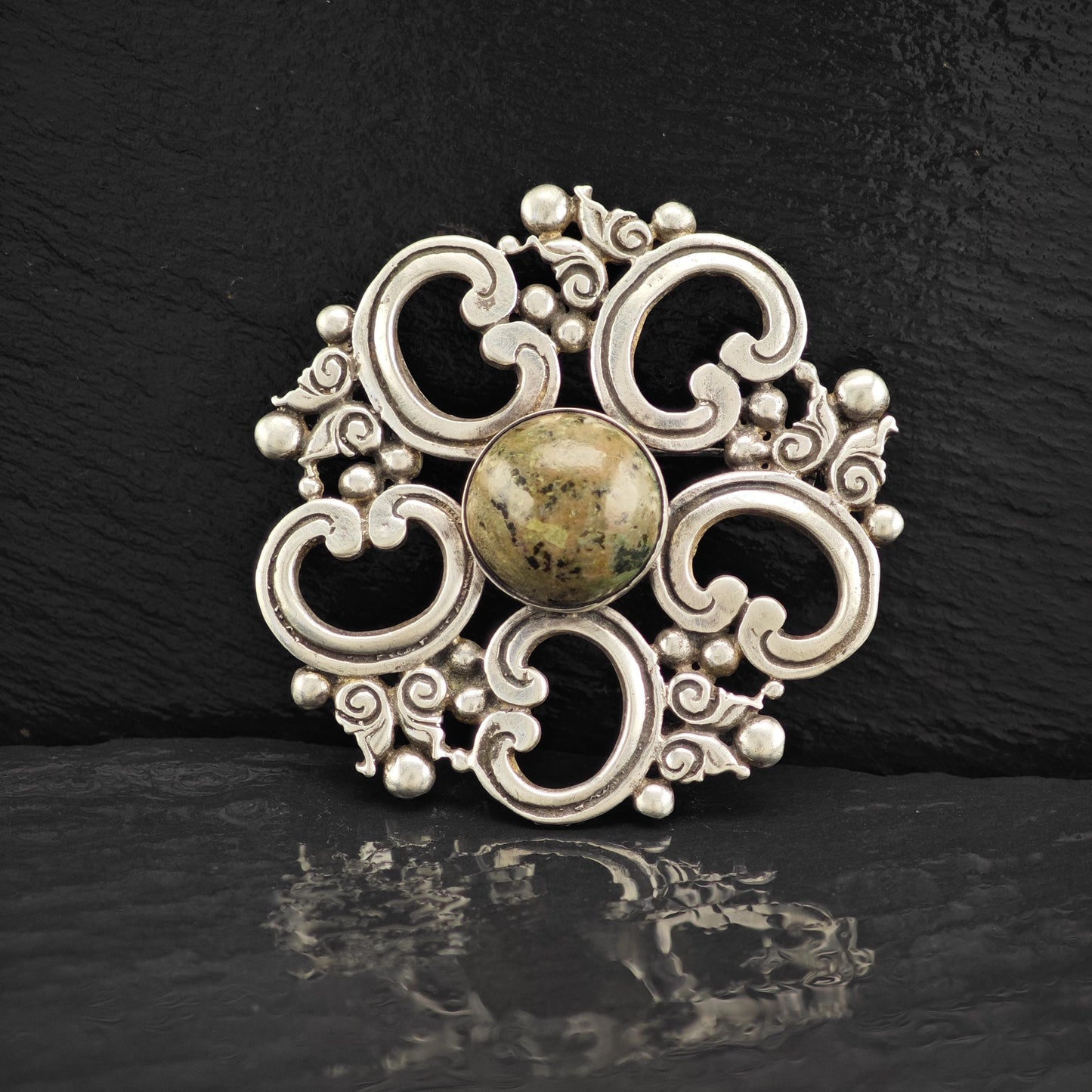 Taxco Multi-Color Serpentine Brooch in Sterling Silver Geometric Design