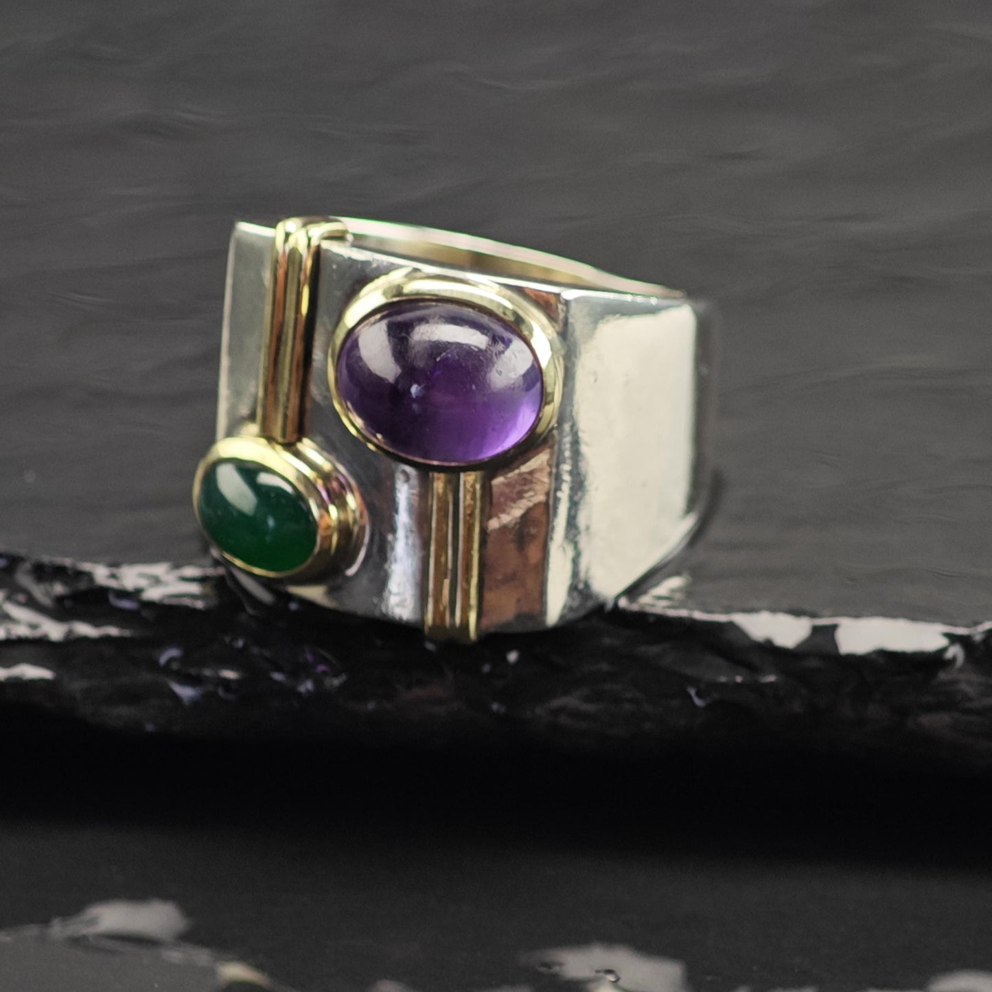 Amethyst Chrysoprase Cabochon 14k Gold Accents Sterling Silver Ring Sz 8 1/4 R6726