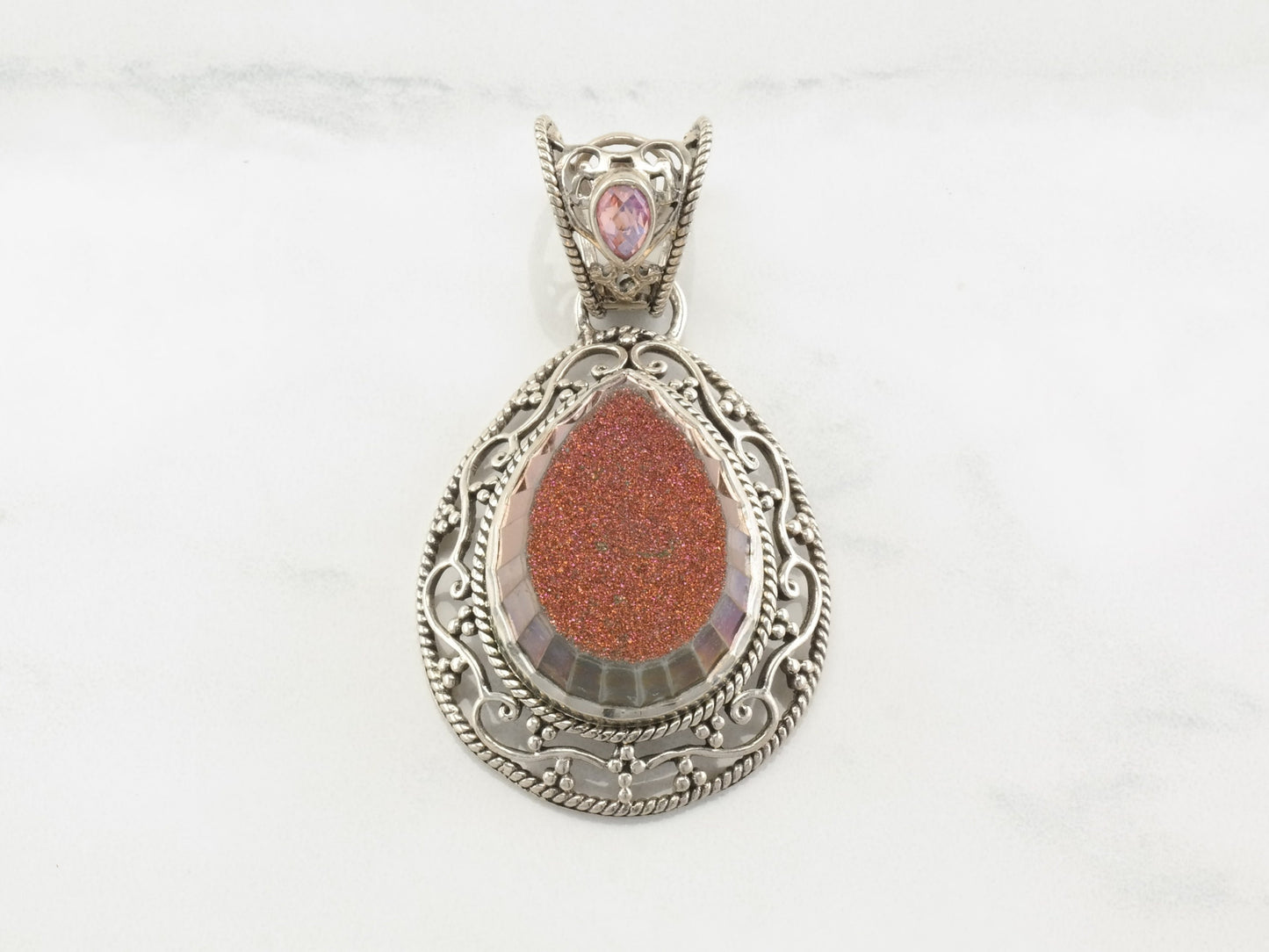 Vintage Sterling Silver Druzy Filigree Pink Pendant