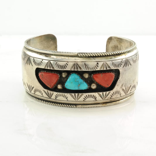 Native American Sterling Silver Cuff Bracelet Blue, Red Turquoise, Coral Stamped, Shadowbox