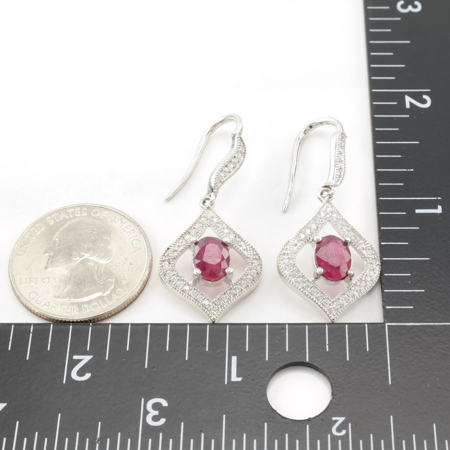 Vintage Ruby Sterling Silver Fish Hook Dangle Earrings Pink Glass Filled