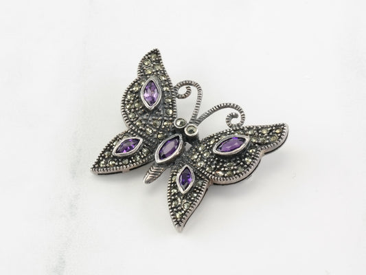 Art Deco Brooch Butterfly Amethyst Marcasite Sterling Silver