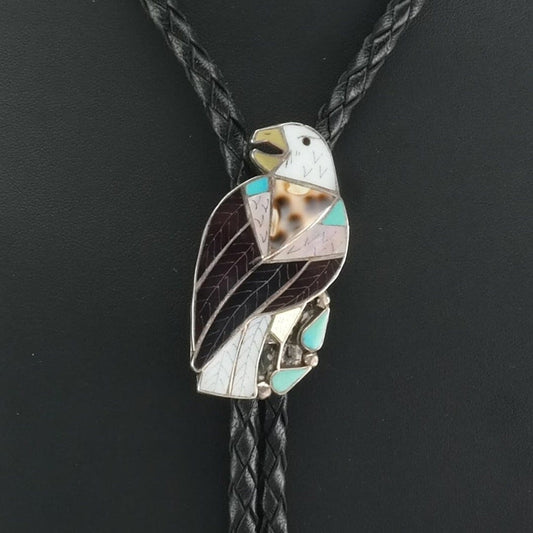 Zuni Eagle Inlay Bolo Tie Native American Sterling Silver Turquoise Necklace Leekity