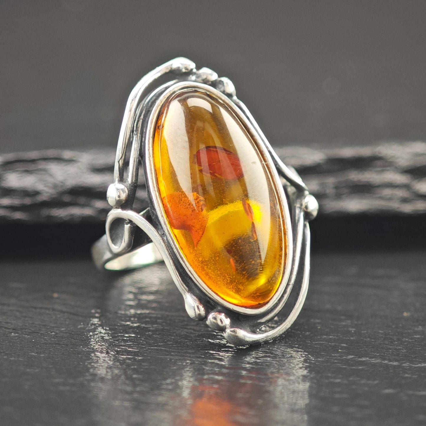 Natural Amber Oval Ring Sterling Silver