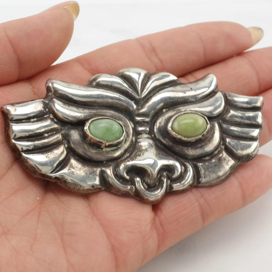 Large Taxco Ghoul Face Brooch Sterling Silver Green Peruvian Jade