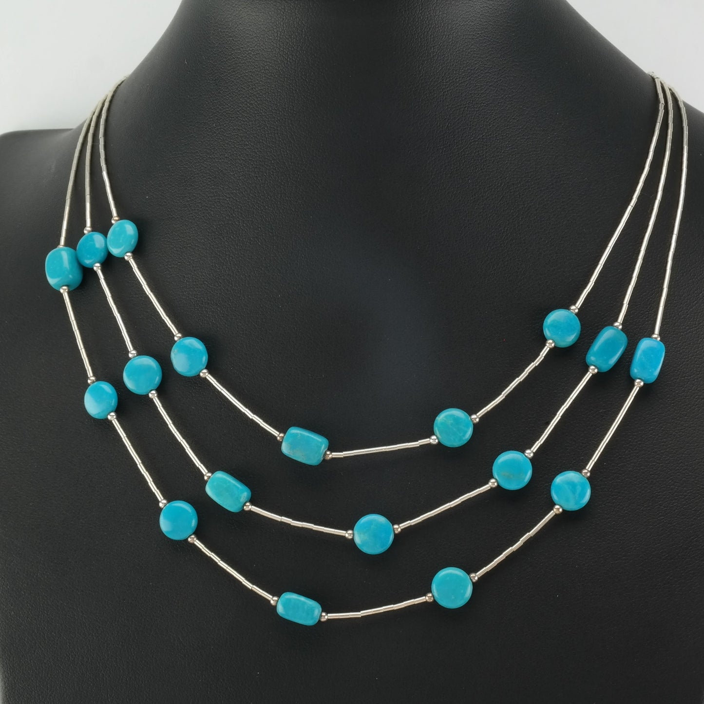 Southwest Sterling Silver Blue Turquoise 3 Strand, Liquid Silver Necklace