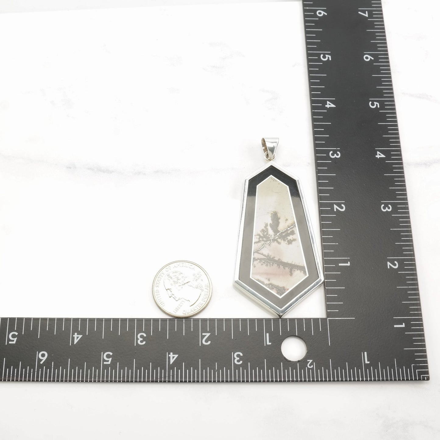 Vintage OOAK Modernist Intarsia, Onyx, Dendritic Agate Frame Sterling Silver Pendant