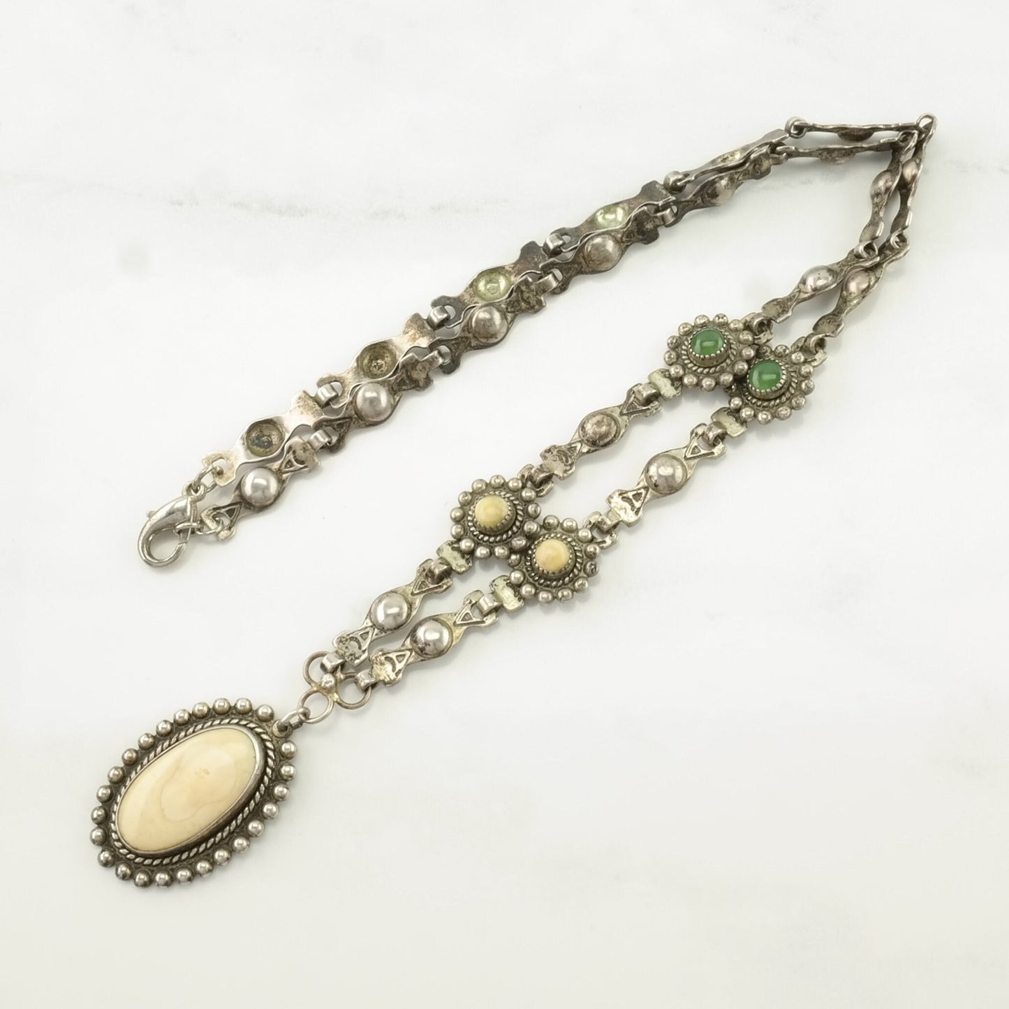 Fred Harvey Era Sterling Silver Green, Tan Nephrite Jade, Stone Floral Necklace