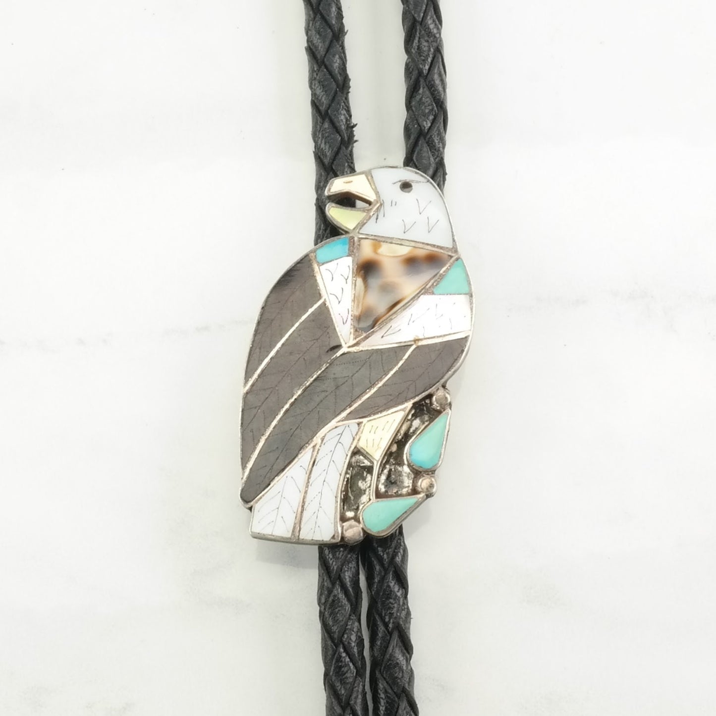 Zuni Eagle Inlay Bolo Tie Native American Sterling Silver Turquoise Necklace Leekity