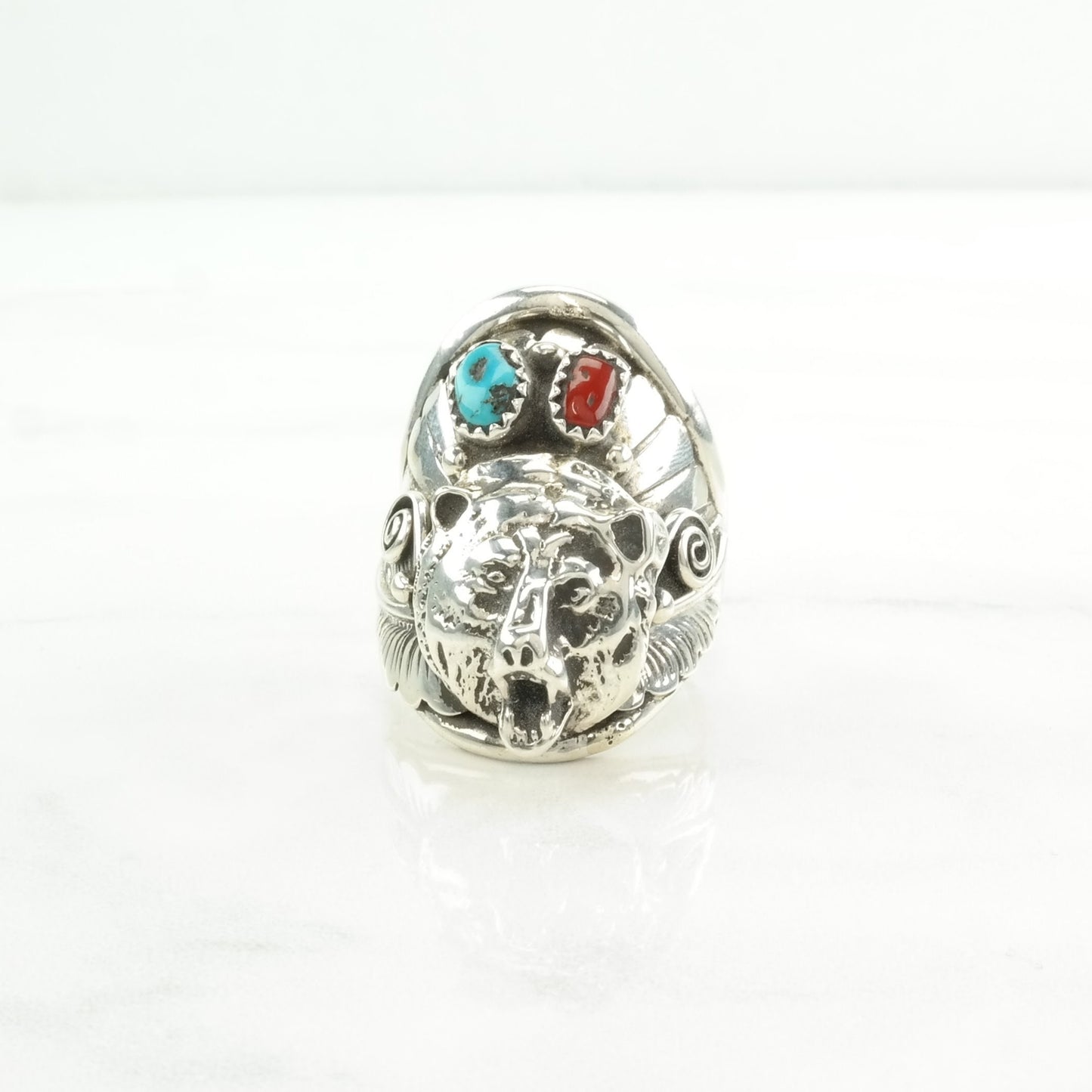 Native American Silver Ring Turquoise, Coral Bear Sterling Blue, Red Size 11 1/