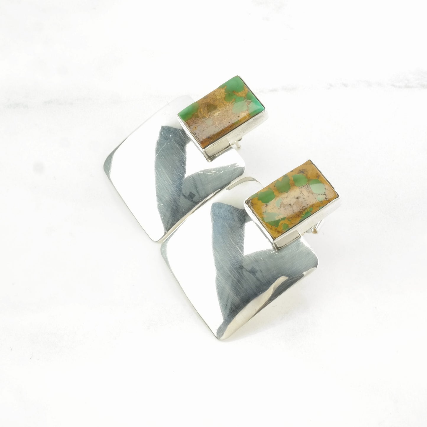 Vintage Sterling Silver Stud Earrings Green Royston, Turquoise Square