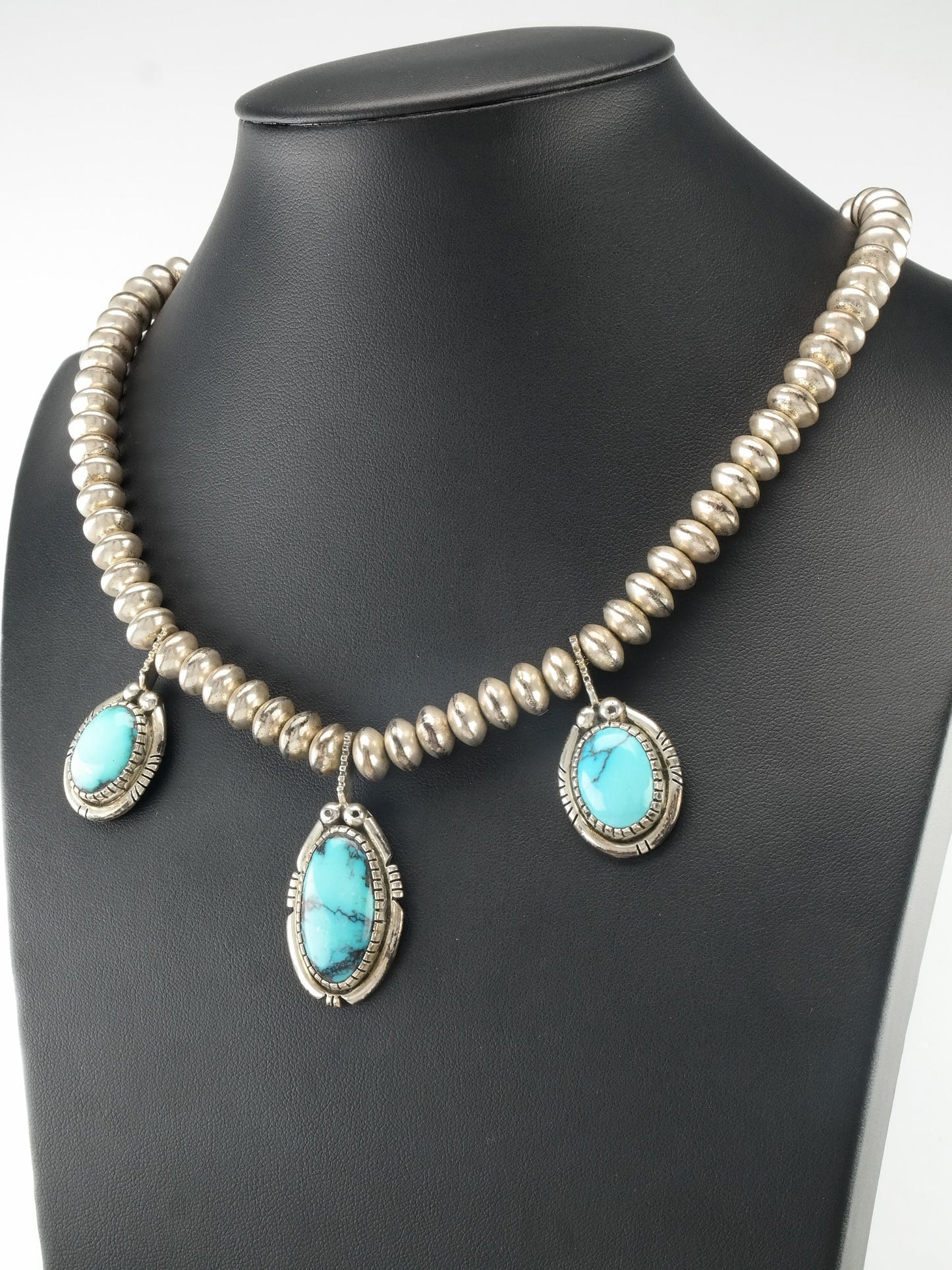 Vintage Tim Guerro Sterling Silver necklace Blue Triple Turquoise stones Hogan Beads