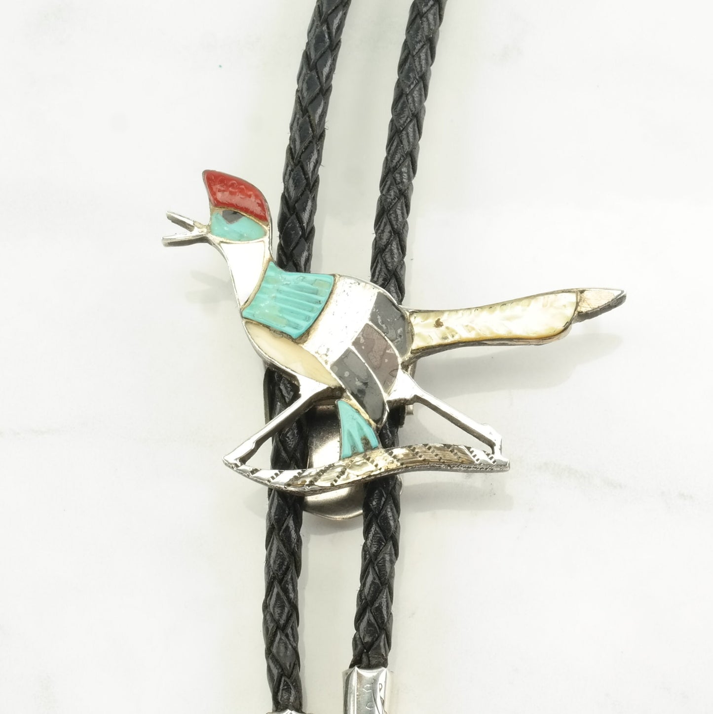 Zuni Inlay Bolo Tie Roadrunner Native American Sterling Silver Turquoise Coral Necklace