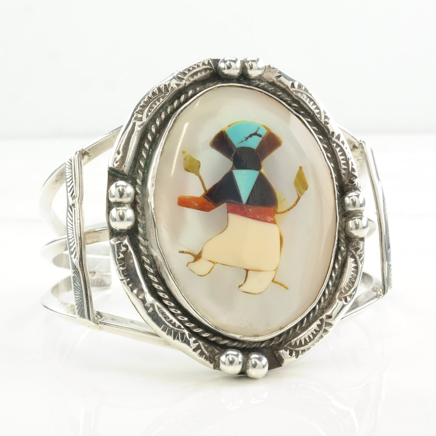 Native American Sterling Silver MOP Coral Turquoise Onyx Inlay Cuff Bracelet