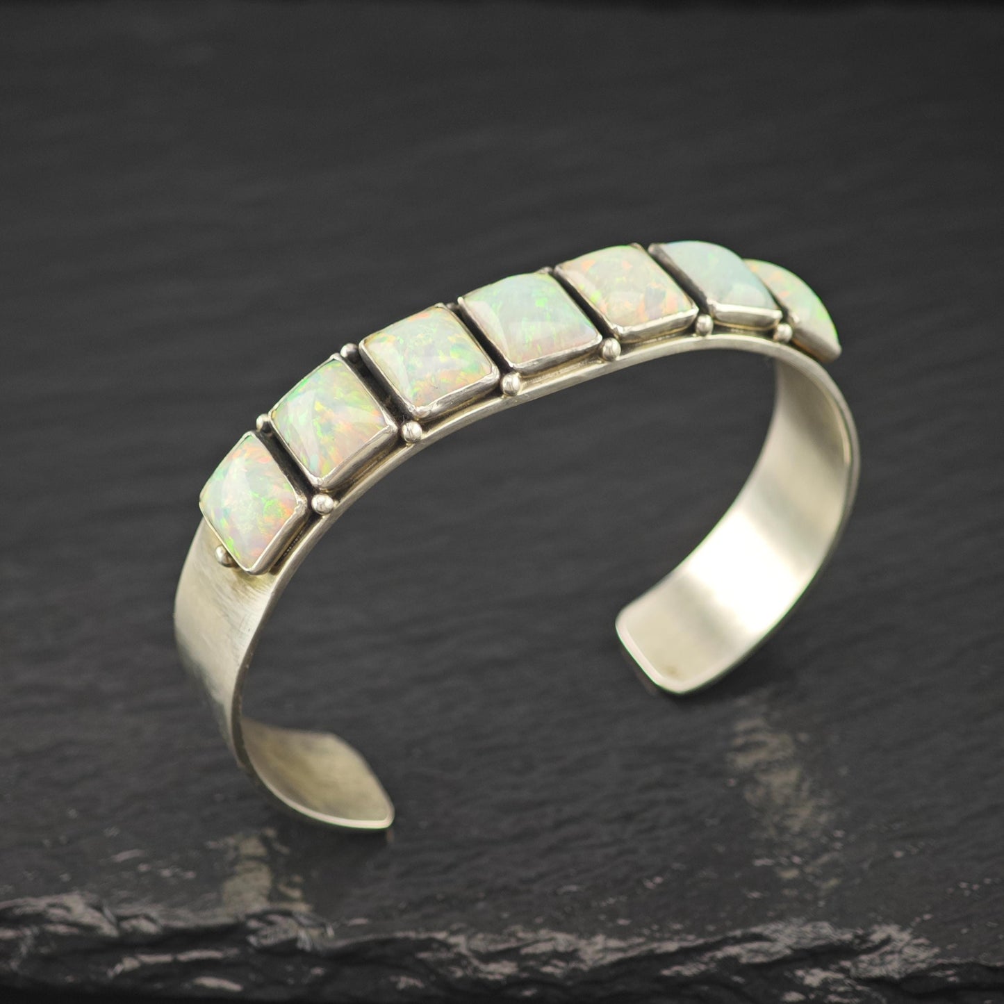 Navajo, Leonard James Lab Opal Cuff Bracelet Sterling Silver