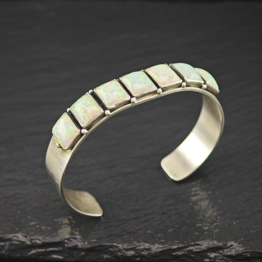 Navajo, Leonard James Lab Opal Cuff Bracelet Sterling Silver