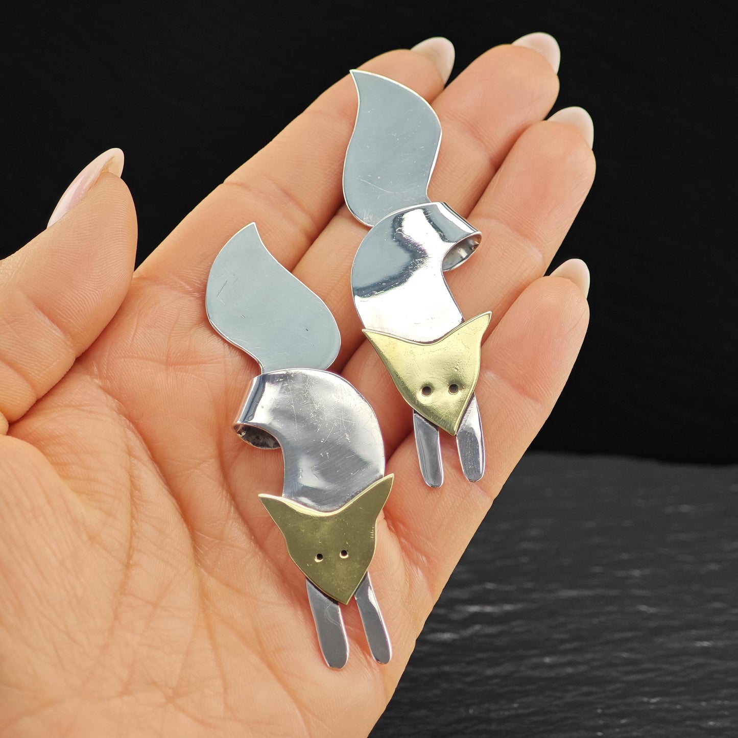 Vintage Gold Tone Fox, Brass Animal Stud Earrings Sterling Silver