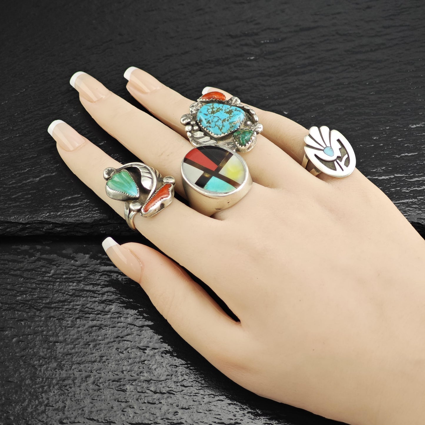 Eustace Zuni Carved Turquoise & Coral Sterling Silver Ring Sz 5 3/4 R6561