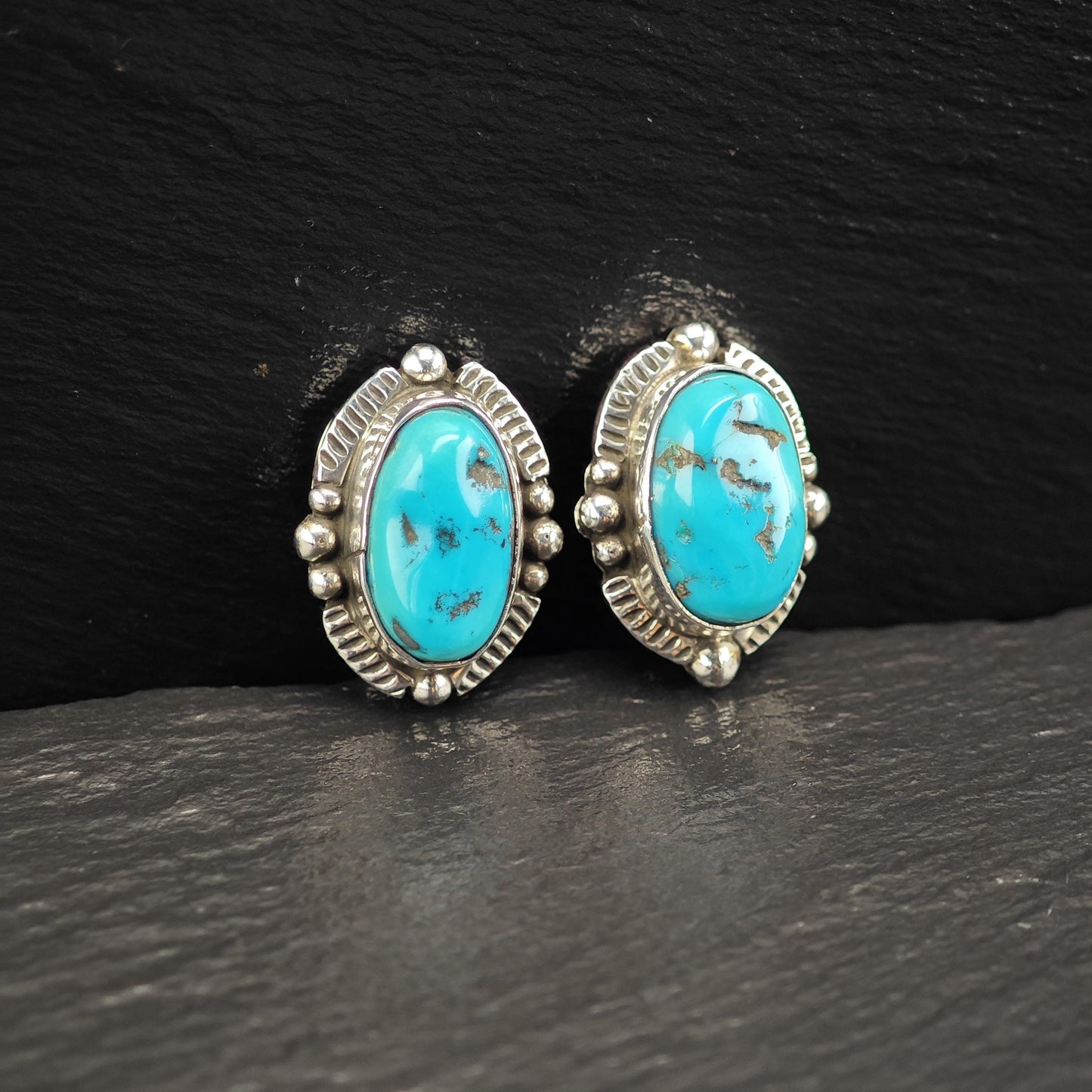 Native American Blue Turquoise Clip-On Earrings Sterling Silver Oval Design