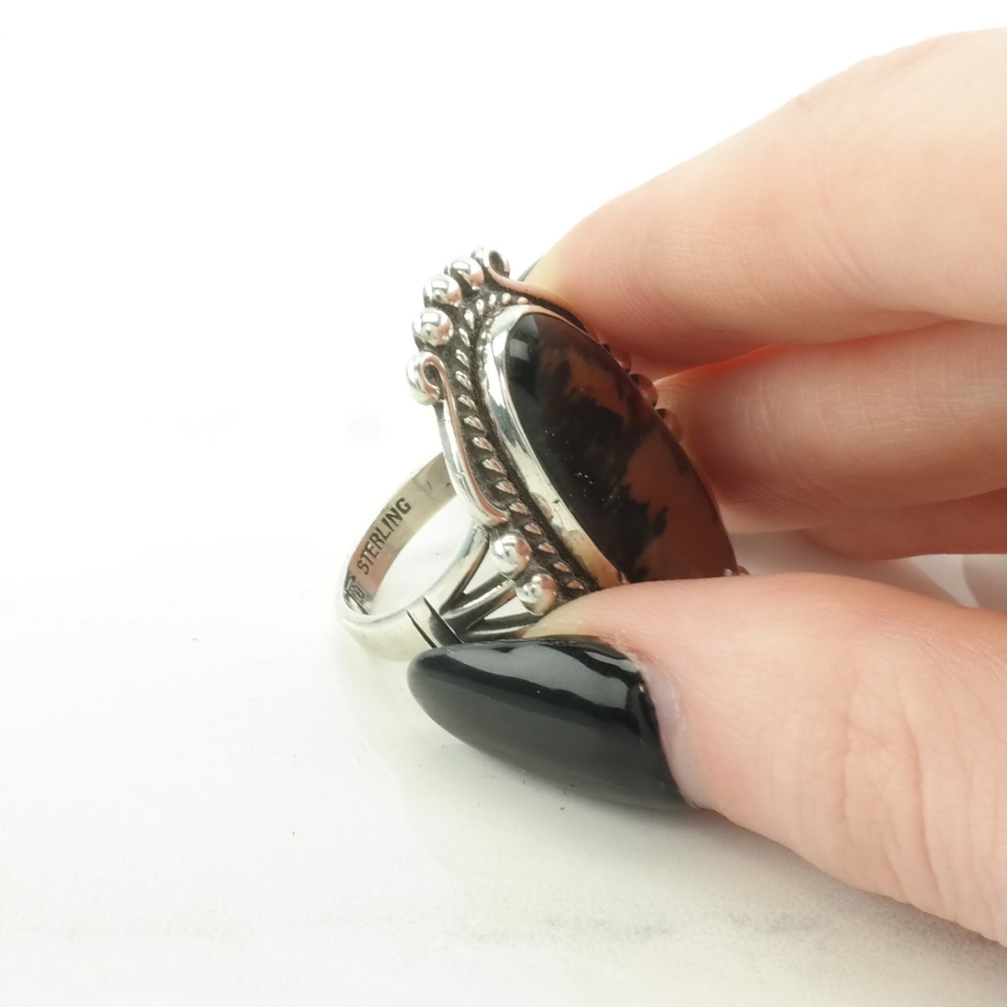 Native American Silver Ring Petrified Wood Sterling Brown Size 8 3/4