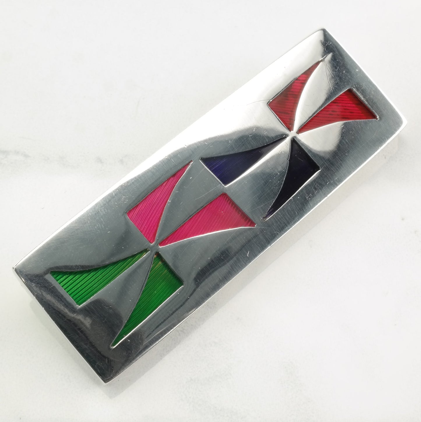 Modernist Sterling Silver Brooch Rectangle Glass