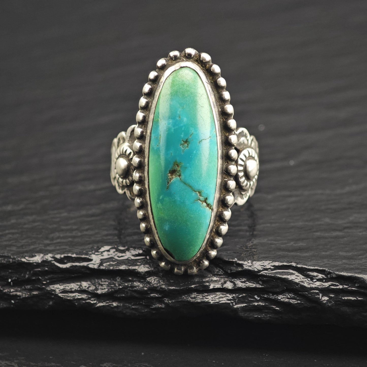 Vintage Native American Green Blue Turquoise Stamped Band Sterling Silver Ring Sz 6 1/2 R6661