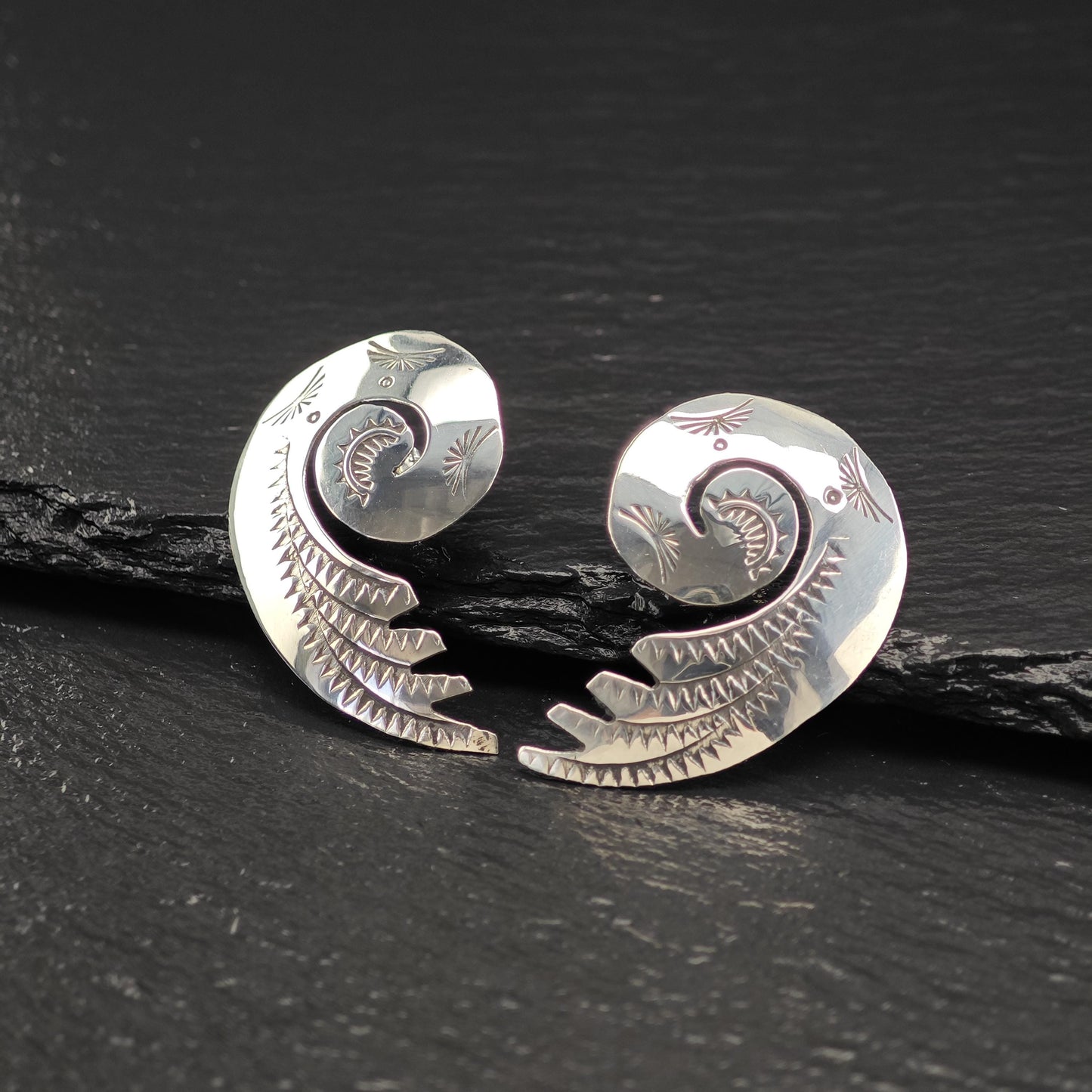 Native American Stamped, Swirl Stud Earrings Sterling Silver
