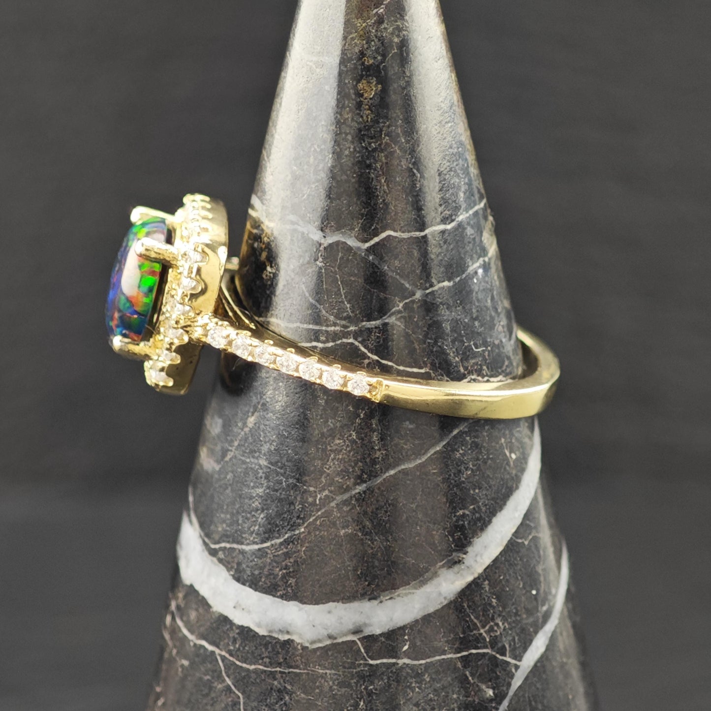 Lab Black Opal Halo 14K Gold Plated Ring Sterling Silver Sz 7 1/2 R6178