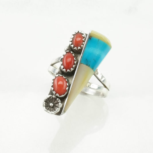 Native American Silver Ring Turquoise, Coral, MOP Inlay Sterling Size 7