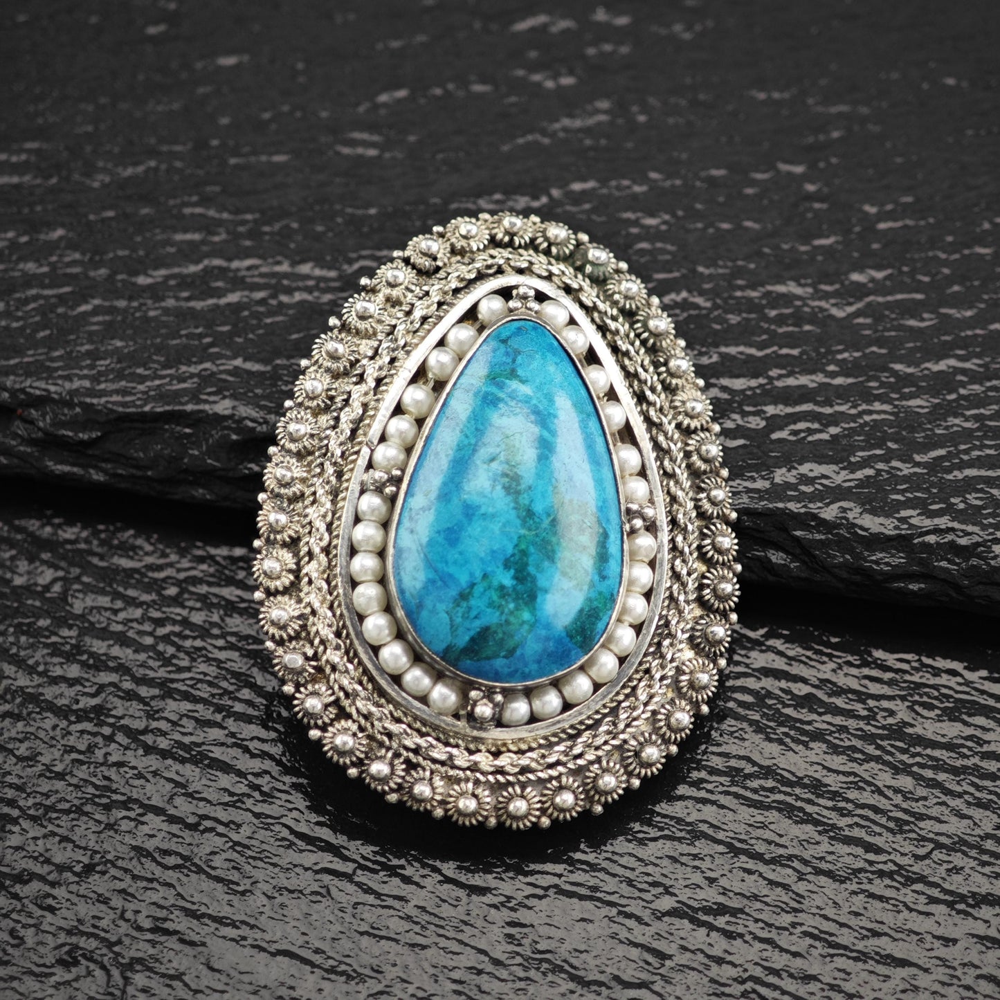 Jerusalem Blue Stone Teardrop Brooch Pendant with White Faux Pearls Sterling Silver