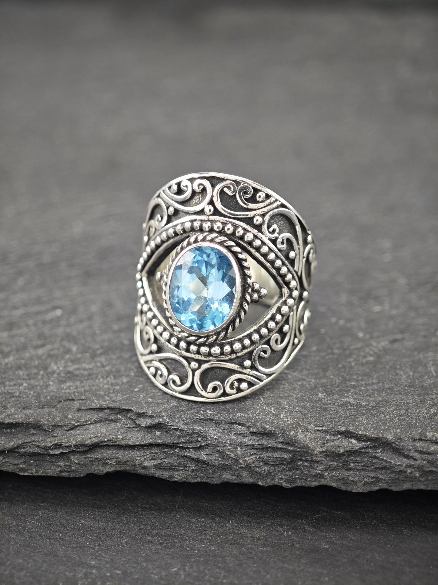Vintage Topaz, Filigree Ring Sterling Silver