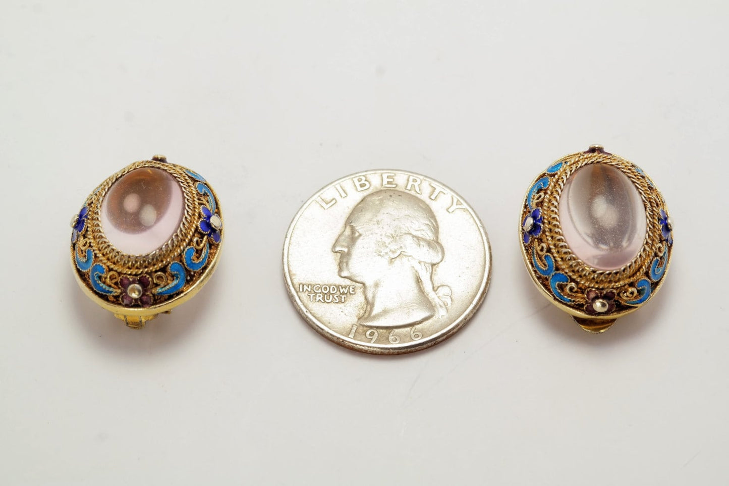 Antique Chinese Export Gold Gilded Moonstone Clip On Earrings