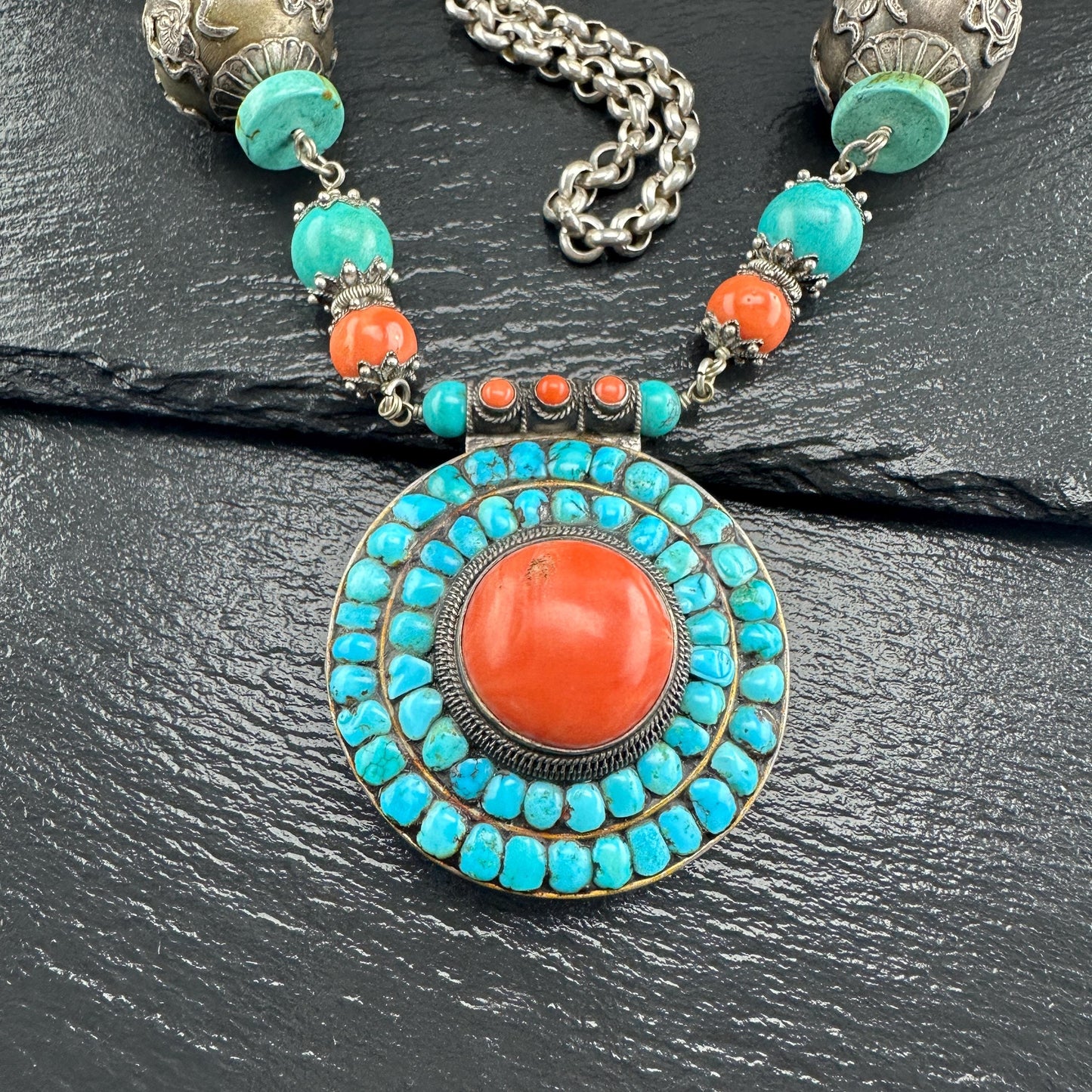 Authentic Nepalese Turquoise, Coral Lg Locket Necklace Sterling Silver N2577