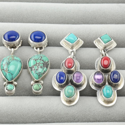 Vintage Native American Stud Dangle Sterling Silver Multi-color Turquoise & Gemstone