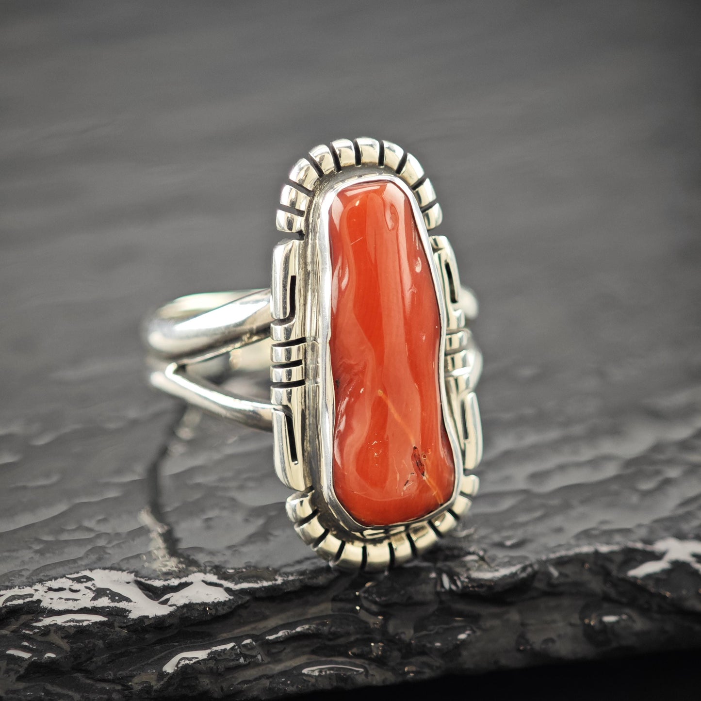 Native American Long Coral Ring Sterling Silver Size 9