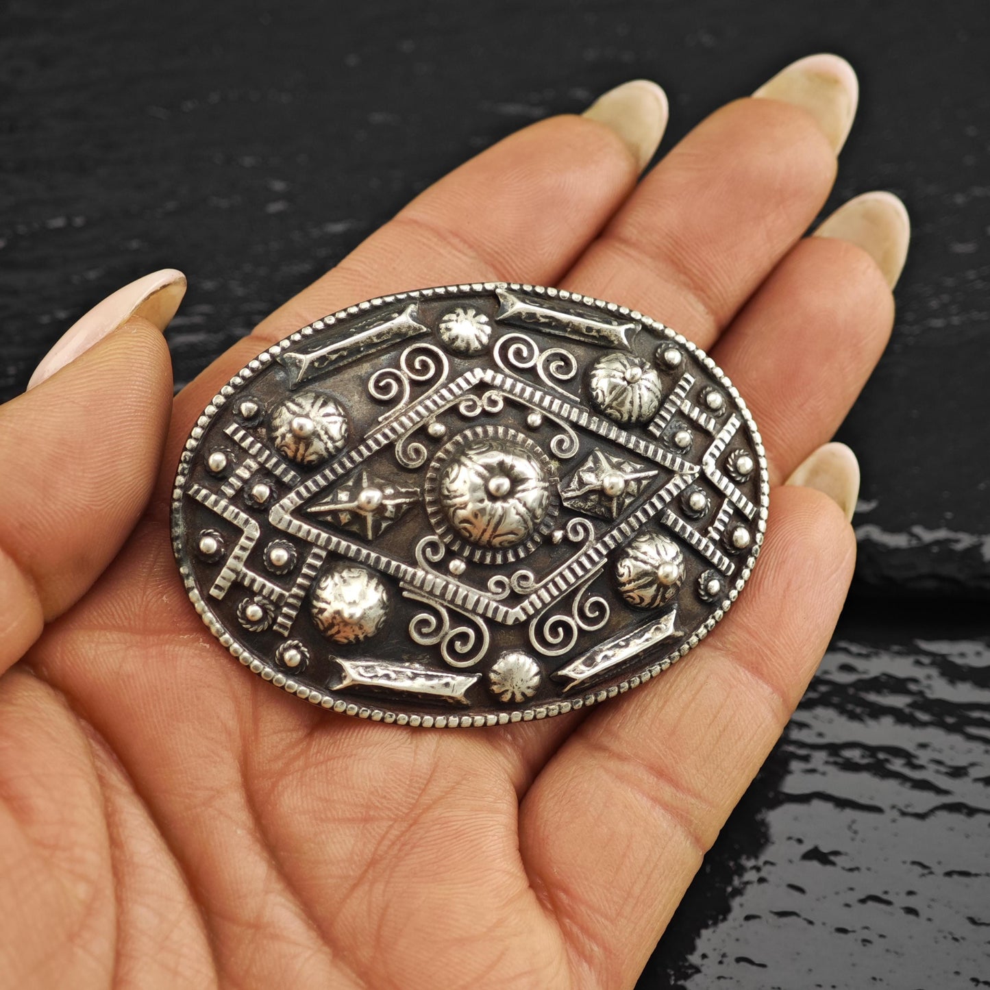 Vintage Tribal Sterling Silver Oval Brooch Unique Artisan Jewelry