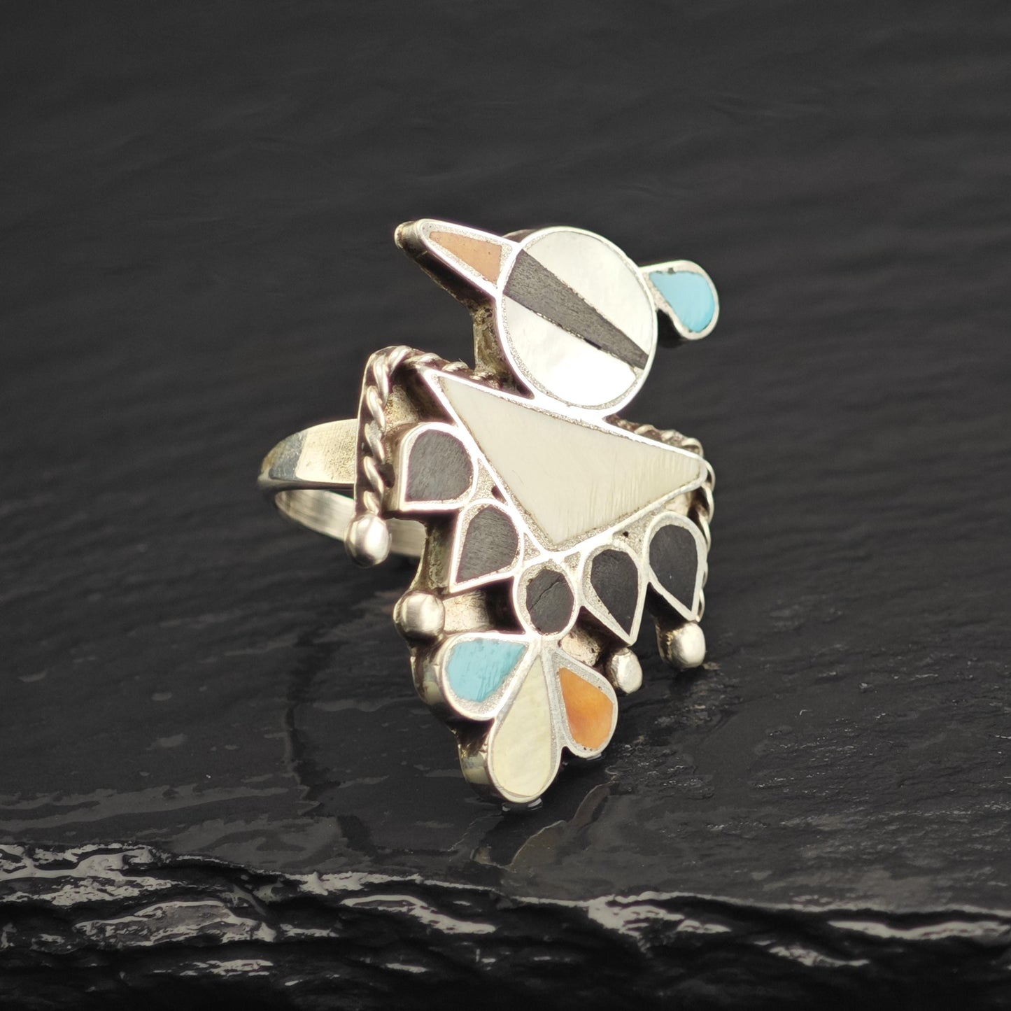 SW Multistone Inlay Thunderbird Sterling Silver Ring Sz 6 1/2 R6668