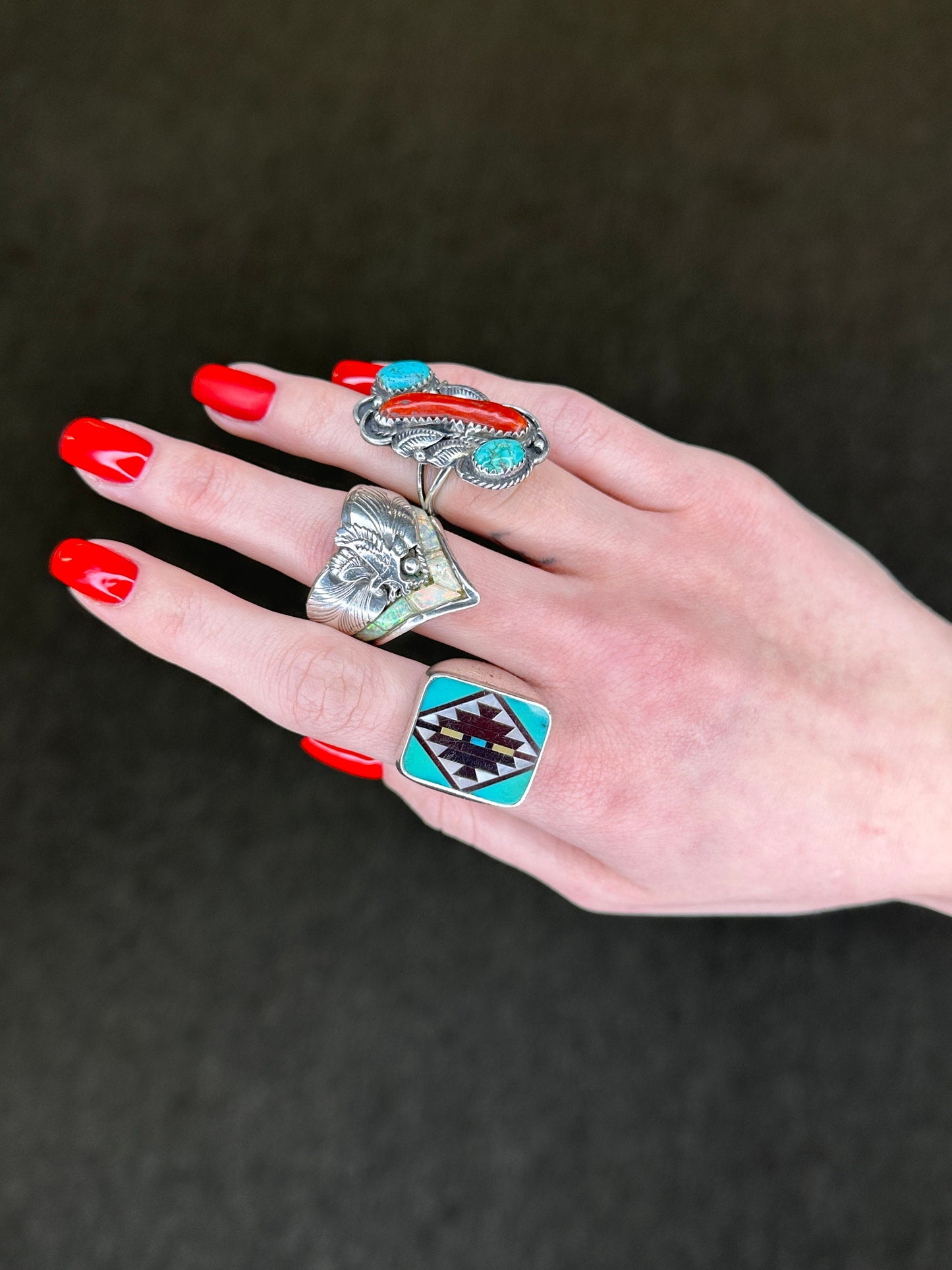 Native Ring Coral, Turquoise Feather Sterling Silver Sz4 R4114