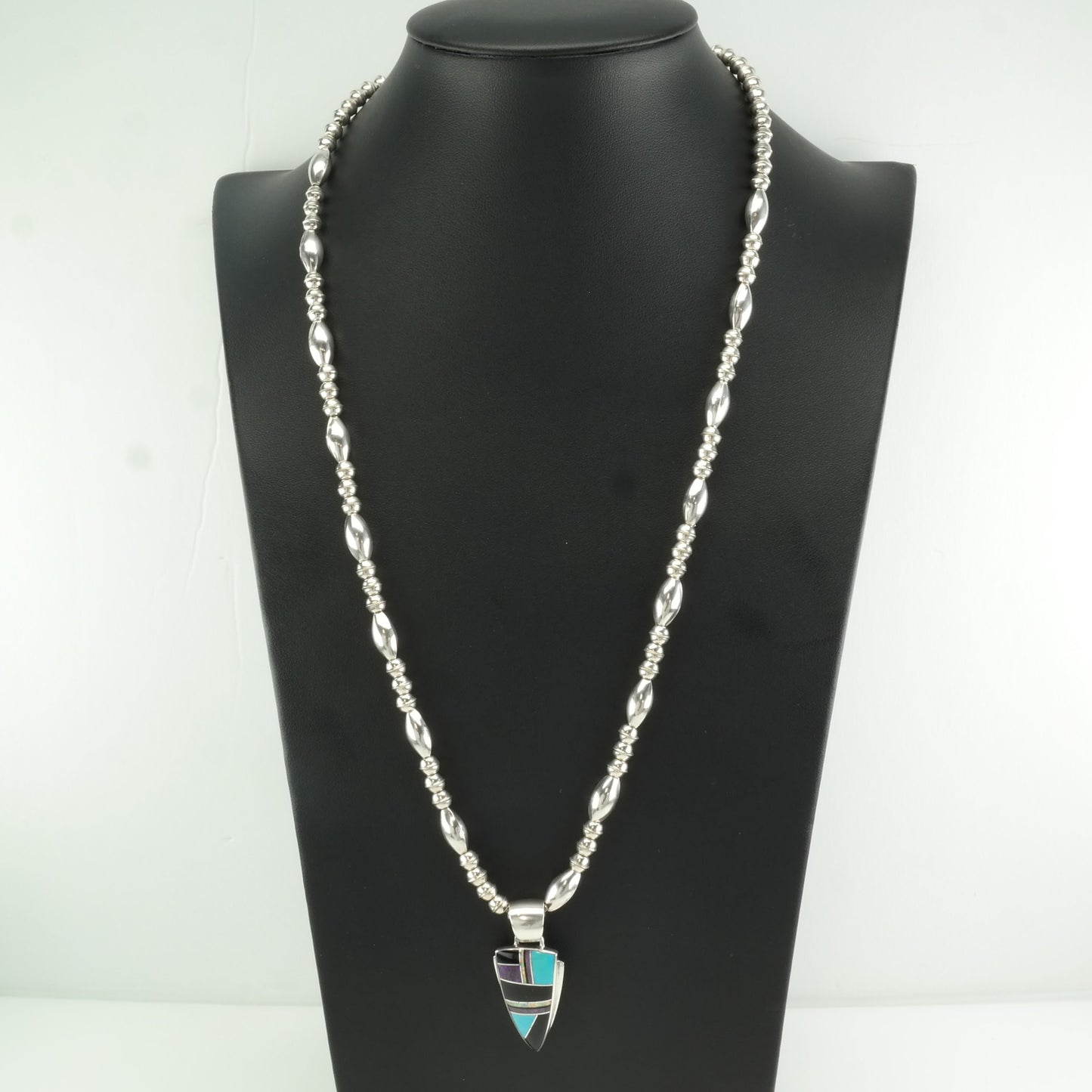 Native American Sterling Silver Blue, Black Turquoise, Onyx, Opal Inlay Necklace