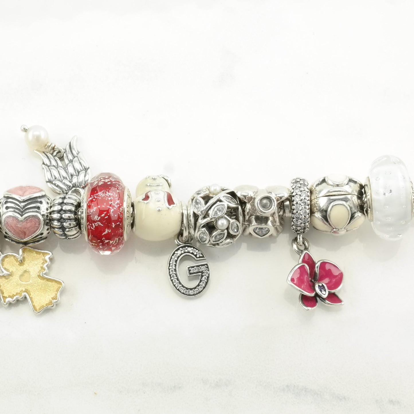 Pandora Sterling Silver Charm Bracelet Red Enamel, CZ Heart, Flower, Angel, 17 Charms