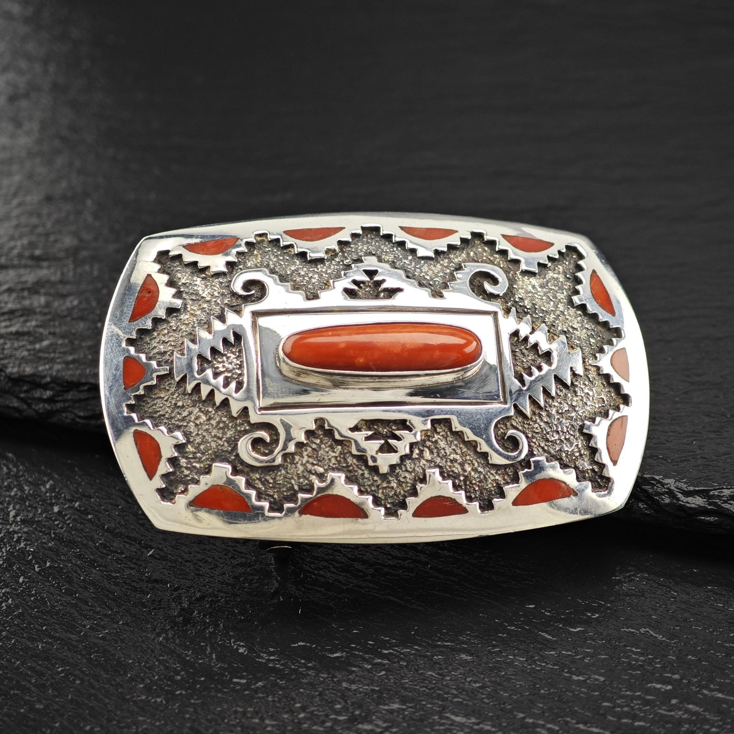 Red Coral Belt Buckle by Michael Perry Sterling Silver Native American Jewelry
