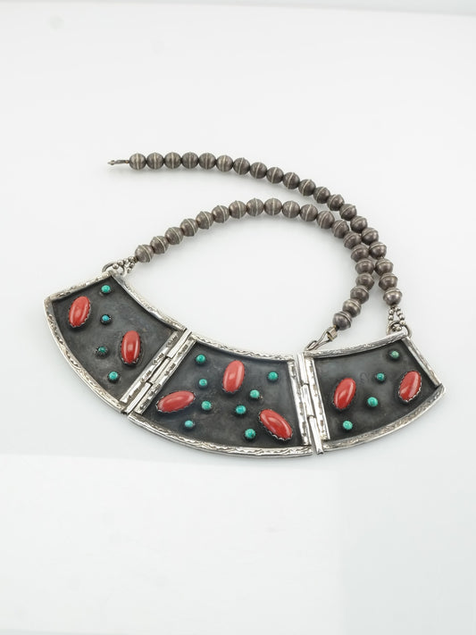 Native American Statement Sterling Silver Turquoise Coral Plaque Cluster Necklace