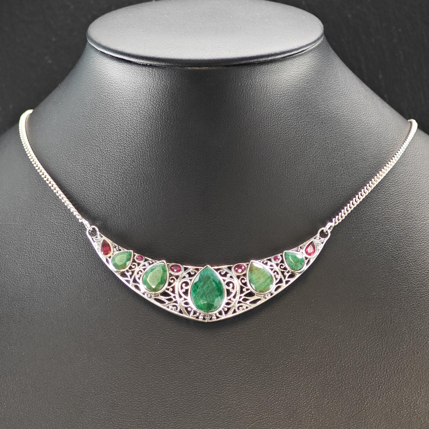 Sterling Silver Emerald Ruby Teardrop Necklace 20" N2633