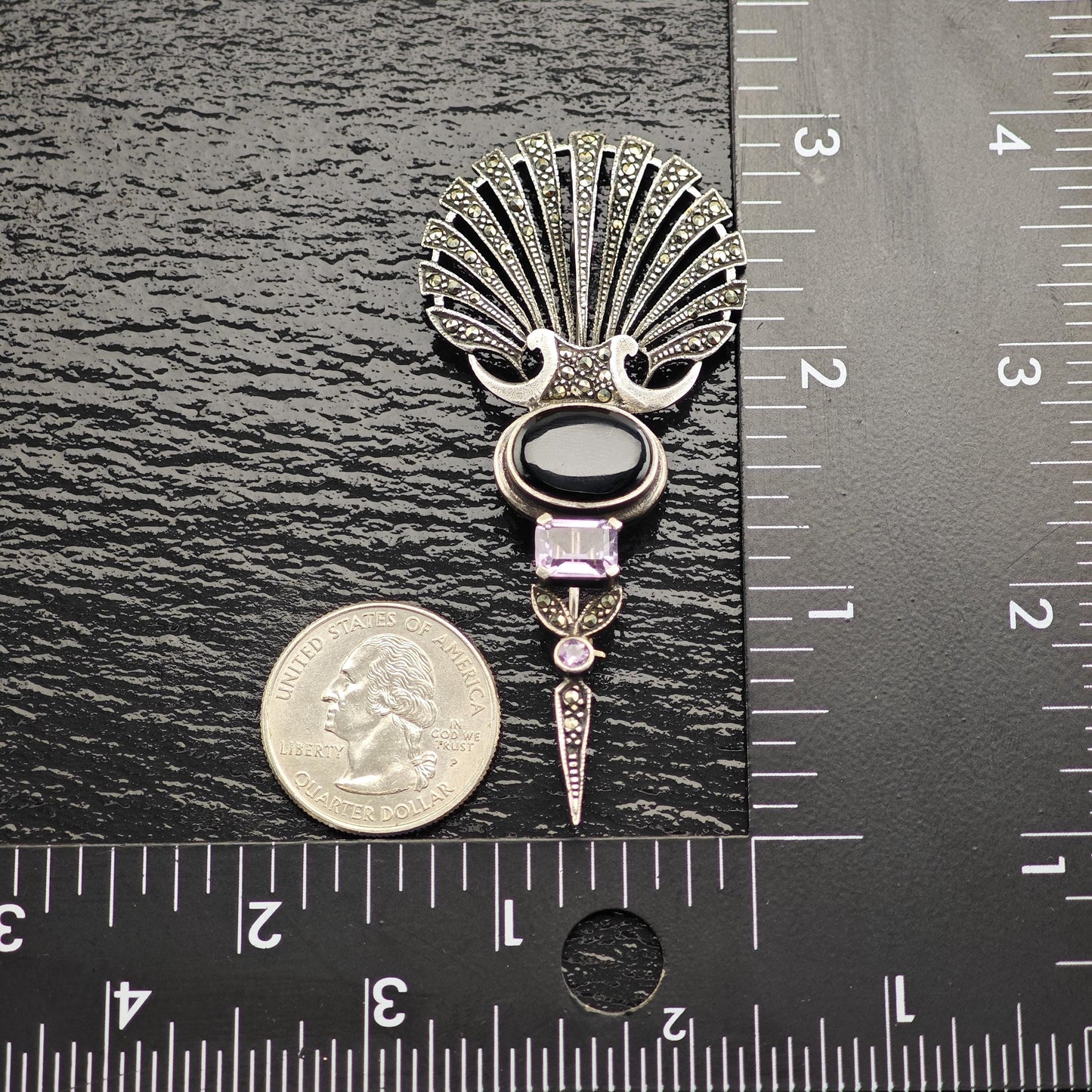 Art Deco Style Onyx, Amethyst, Marcasite Sterling Silver Brooch